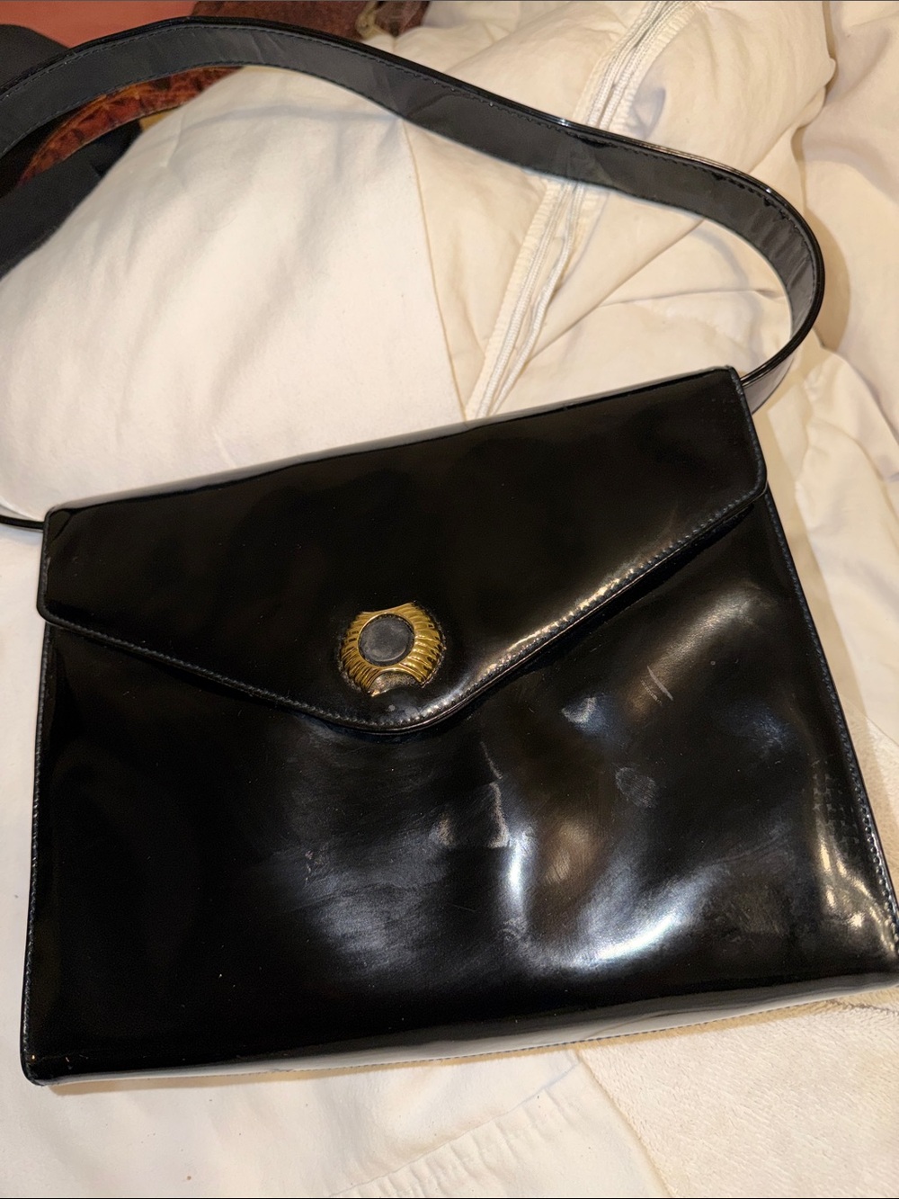 Salvatore Ferragamo Black Patent Shoulder Bag with Gold Accent